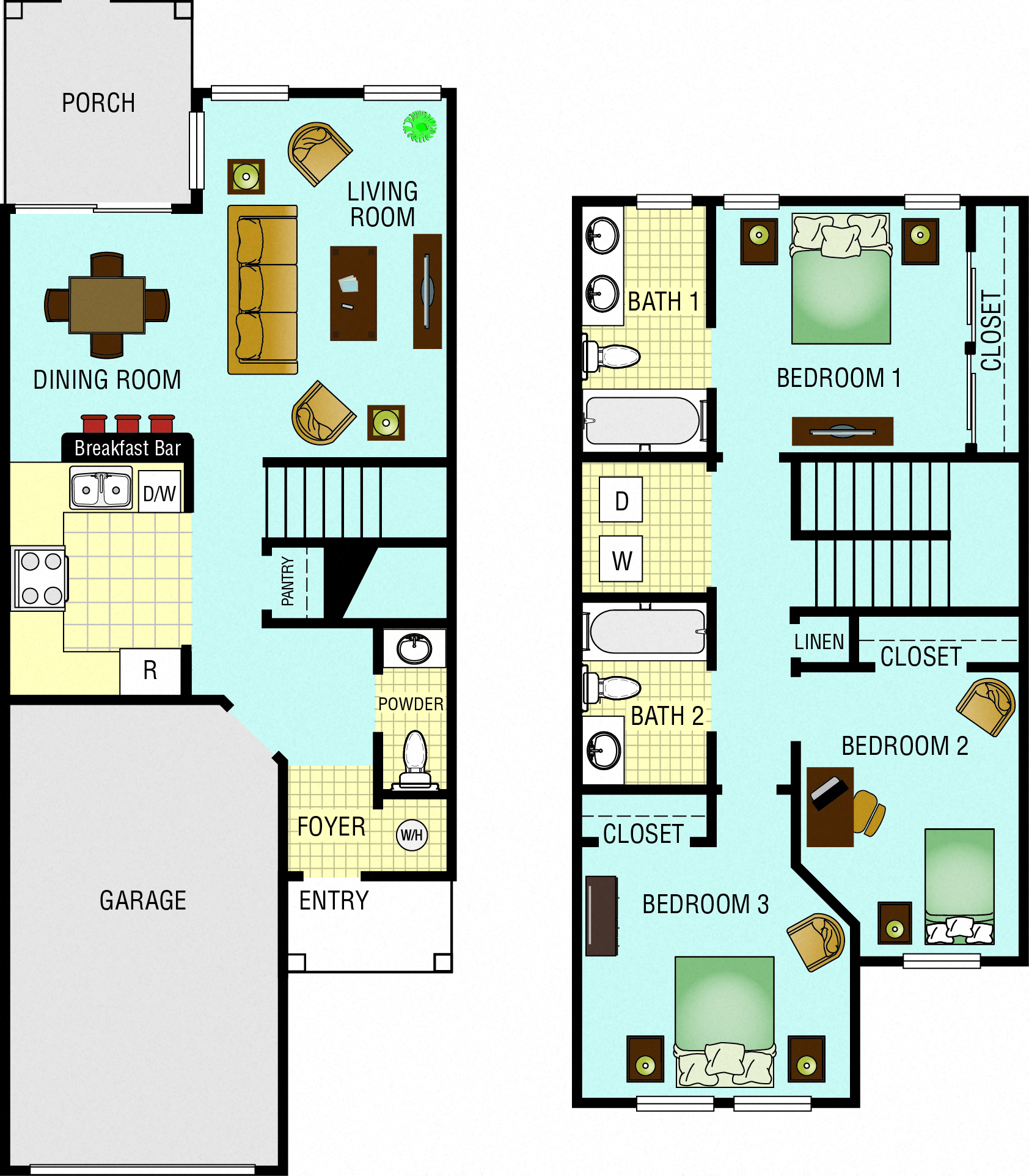 Floor plan for 3 beds, 2 baths, 1306 sqft